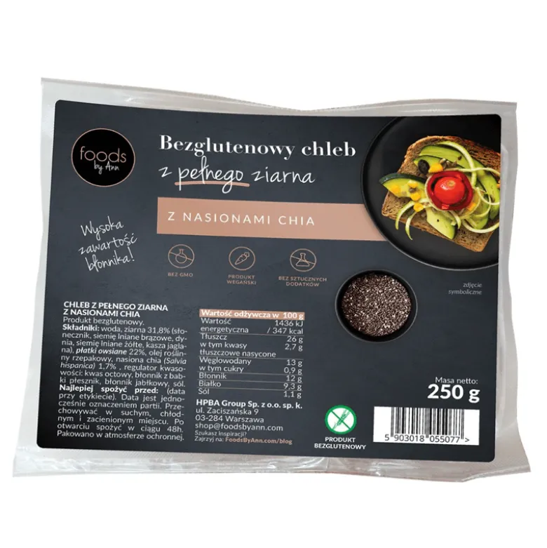 Bezglutenowy chleb z pełnego ziarna z nasionami chia 250g